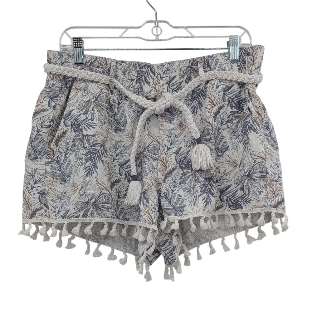 Boho Festival Rewash Tassel Hem Paperbag Belt Blue Ivory Linen Blend L Shorts - Picture 2 of 9